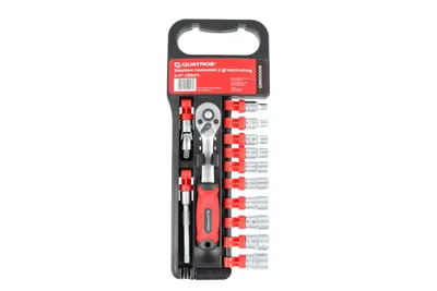 Image de Jeu de douilles de 4 à 13 mm, 1/4", avec cliquet et rallonge, 13 pièces - QUATROS QS50005