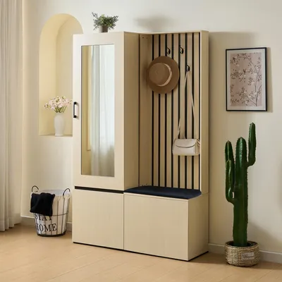 Immagine prodotto di Armadio combinato Merax con specchio e panca, set di mobili da corridoio 2 in 1 con appendiabiti, scarpiera e 4 ganci, legno + nero