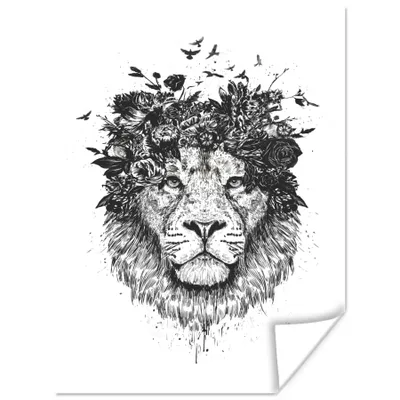 Produktbild von MuchoWow® Poster Löwe - Natur - Blumen - Vögel 90x120 cm - Wohnzimmer