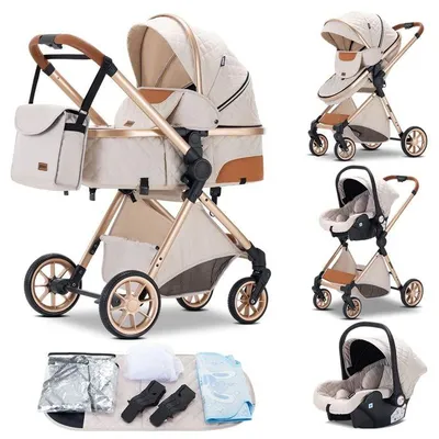 Produktbild von Hochwertiger, 3-in-1 Kinderwagen, Kombi-Kinderwagen für Babys – mit Autositz, Wiege und großem Korb – Weiß