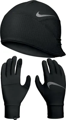 A black Nike beanie and a pair of black Nike gloves are displayed against a white background.