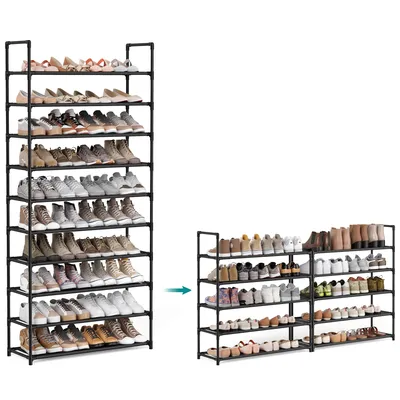 Produktbild von Schuhregal,10 Ebenen, Schuhablage, Schuhaufbewahrung, schmal, 28 x 83 x 173 cm, Metallgestell, Ablagen aus Vliesstoff, schwarz