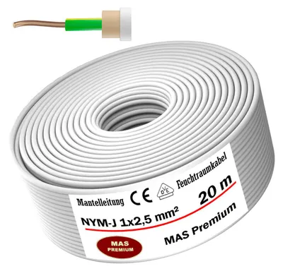 Zdjęcie produktu dla 20 m kabla odpornego na wilgoć Kabel zasilający w osłonie NYM-J 1x2,5 mm² Kabel elektryczny