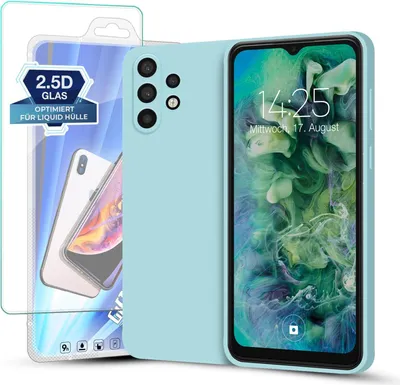 Produktbild von Hülle für Samsung Galaxy A32 5G mit 9H Displayglas Displayschutz Plus Case Cover Bumper Silikon Softgrip Schutzhülle Farbe: Hellblau