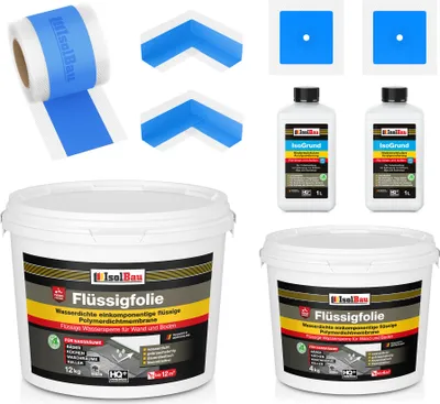 Produktbild von Isolbau Dicht-Set - Inkl. 1x Flüssigfolie (16 kg), 1x Isogrund (je 1 L), 1x Dichtband (10 m), 2x Innenecken & 2x Manschetten