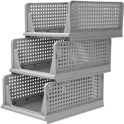 Image de Lot de 3 bacs de rangement pliables et empilables pour armoire et chambre à coucher, organiseurs en plastique