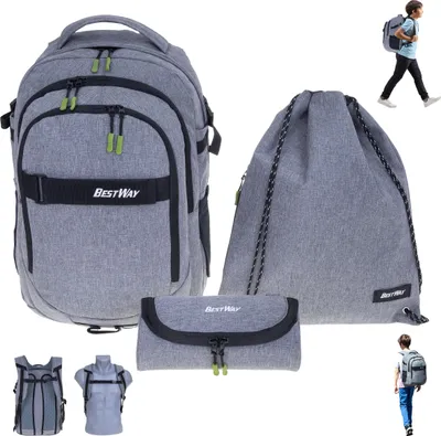 Produktbild von Schulrucksack Jungen 3 Teile Set Bestway Evolution Packer Schulmappe Rucksack Schultasche Tasche 40177-1701 Sportbeutel, Mäppchen Two Tone Grey Grau +rsm