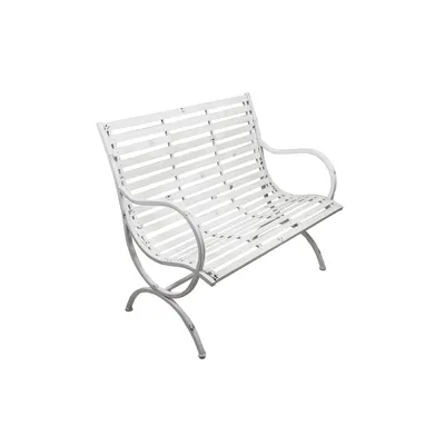 A white metal garden bench on a white background.