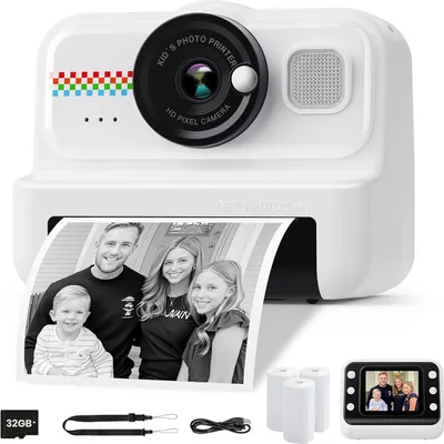 Produktbild von Sofortbildkamera, 1080P Sofortbildkamera Kinder mit 32GB Karte & 3 Rollen Druckpapier, lustige Kinderspielzeug Geschenke für Jungen & Mädchen von 3-12