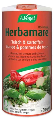 Produktbild von A.Vogel Trocomare, Puder, 250 g, Meersalz 94% Gemüse und Kräuter 6% (Sellerie, Lauch, Kresse, Zwiebeln, Schnittlauch, Petersilie,..., Herbamare® Trocomare wird verwendet wie Salz zum Würzen von Marinaden, Barbecue, Suppen, Eier-..., 18 kcal, 70 kJ