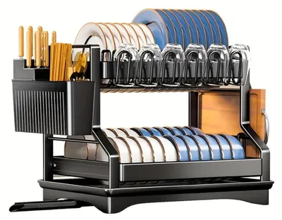 Produktbild von Geschirrabtropfgestell, doppelschichtiges Design, automatische Abflussfunktion, schwarz, 2-stufig