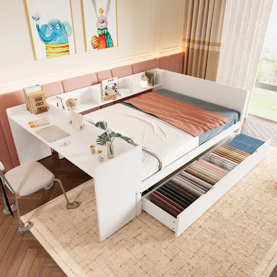 A child's bedroom with a bed, desk, and storage drawers.