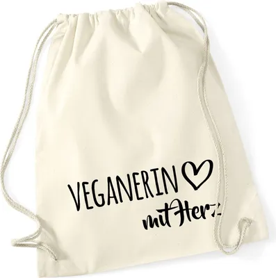 Produktbild von Huuraa Turnbeutel Veganierin mit Herz 12 Liter Natural Baumwolle Rucksack Geschenkidee