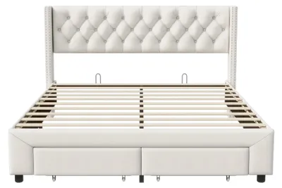 Obrázek produktu pro Postel s čalouněnou konstrukcí - rám 160x200 cm - potah z veluru, rošt z dřevěných lamel, 2 zásuvky s úložným prostorem, vysoké čelo - béžová barva