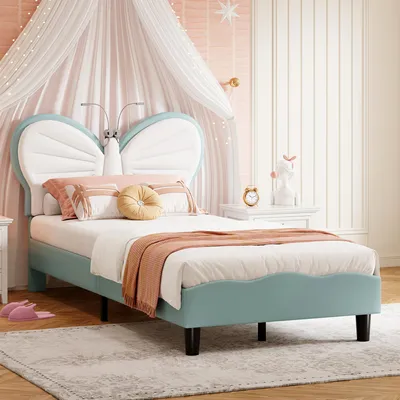 Immagine prodotto di Letto imbottito per bambini 90x200cm con testata regolabile, facile da montare, bianco, blu