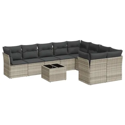 Produktbild von vidaXL 10-tlg. Garten-Sofagarnitur mit Kissen Hellgrau Poly Rattan
