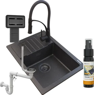 Produktbild von Granitan | Spülbecken Granit - Schwarz - 62x44x17,5 cm - Granitspüle ARGOS + Siphon Schwarz + Küchenarmatur NEXO + Impregnat