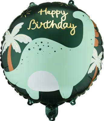 Image de Ballon en aluminium « Brontosaure » « Happy Birthday », 35 x 35 cm, rond, vert et doré