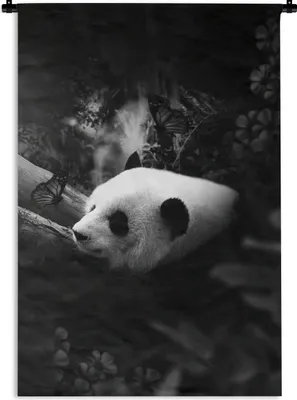 Produktbild von MuchoWow® Wandteppich Wandbehang Panda mit Schmetterlingen im Dschungel - schwarz und weiß 90x135 cm Tapisserie Dekoration Wandtuch - Baumwolle - Wandskulptur