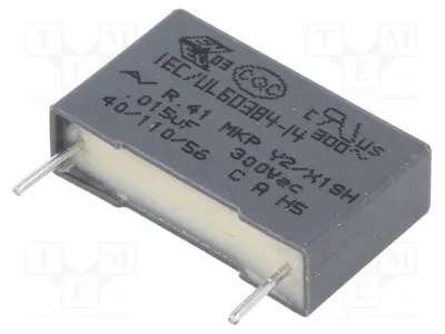 Obrázok produktu pre 2 kondenzátory: 18x5x11 mm, 15 nF, typ Y2, 15 mm, tolerancia 20 %, 300 VAC, kód R413I215000M1M