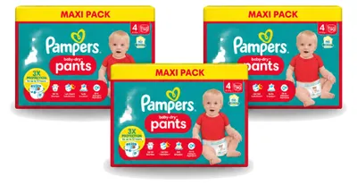 Zdjęcie produktu dla 3 sztuki pieluchomajtki Pampers Baby-Dry, rozmiar 4 (9-15 kg) - opakowanie ekonomiczne