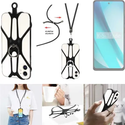 Produktbild von K-S-Trade 3in1 Handykette Handyband Handykordel Halsband Smartphone-Ring Handy-Ring kompatibel mit BLU G93 Fingerhalterung Handyring Tischständer