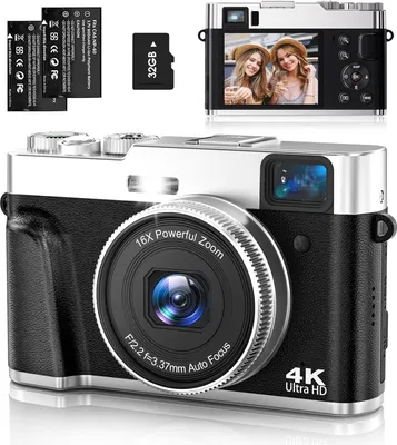 Produktbild von Digitalkamera, 4K 48MP UHD Fotokamera, 16X Digitalzoom Kompaktkamera mit drehbarem Armaturenbrett und Sucher, mit 32GB Karte und 2 Akku