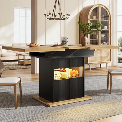 Image de Table extensible pour salle à manger avec espace de rangement, éclairage LED, plateau réglable en hauteur, table de cuisine de 110 à 140 cm, noire et en bois