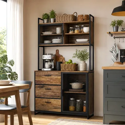 Produktbild von Küchenhochschrank 100x40x175cm mit 2 Türen & 2 Schubladen, E1-Spanplatte, Industrie-Design für Küche & Speisekammer