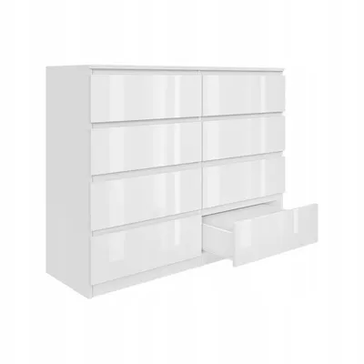 A white, high-gloss chest of drawers with eight drawers, one of which is partially open.
