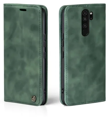 A green flip case for a Xiaomi Redmi Note 8 Pro phone, shown from the front and back.