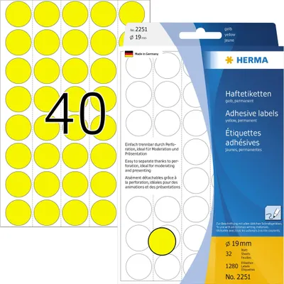 Productafbeelding van Herma 2251: 2251 Veeldoeleindige etiketten - geel, diameter 19 mm, mat, met geperforeerd dragerpapier, 1280 stuks