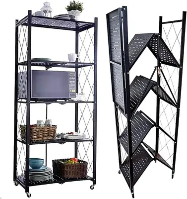 Produktbild von Faltbares Regal mit Rollen, 5 Etagen, zusammenklappbarer Aufbewahrungswagen, 250 kg Räder, Aufbewahrungsregal aus schwarzem Metall, Klappregal für Küche, Büro