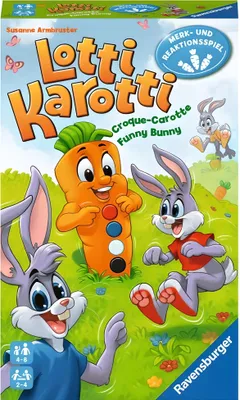 The image shows the front of a board game box for 'Lotti Karotti'. It features cartoon rabbits and a carrot character in a grassy setting.