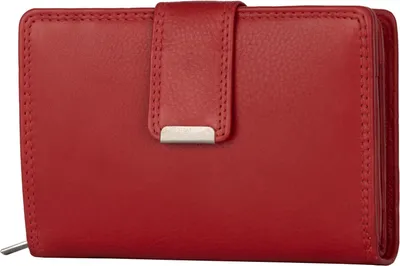 A red leather wallet is shown from the front.