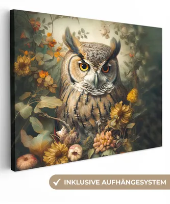Produktbild von MuchoWow® - Leinwandbilder - Eule - Vögel - Blumen - Natur, Wandbild, Wanddeko Bilder Wohnzimmer, 120x90 cm