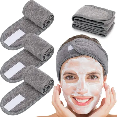 Produktbild von 4Pcs Haarband für Make Up, Kosmetik Stirnband Frottee, verstellbares Haarschutzband mit Klettverschluss für Sport,Yoga, Gesichtwaschen (Grau)