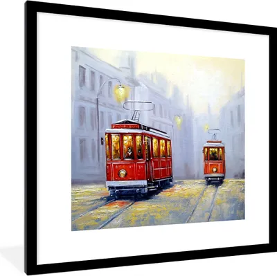 Produktbild von MuchoWow® Gerahmtes Poster Gemälde - Straßenbahn - Stadt - Öl 40x40 cm - Poster mit Schwarzem Bilderrahmen Wandposter Rahmen Foto Bilder - Poster - Plakat im Rahmen