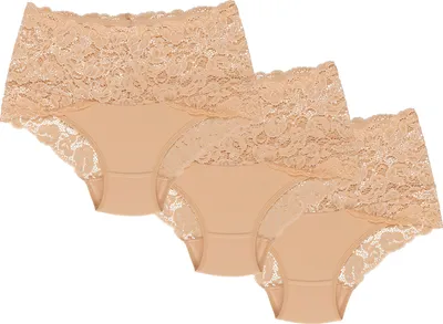 Produktbild von Wolbar Dame Slip 3er Pack Bund Pantys Spitze Elegant Unterhose Unterwäsche WB414, Beige, M
