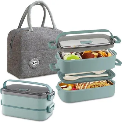 Produktbild von Famanu Lunchtrommel 1400 ml - luftdicht, mit Besteck und Kühltasche, grün