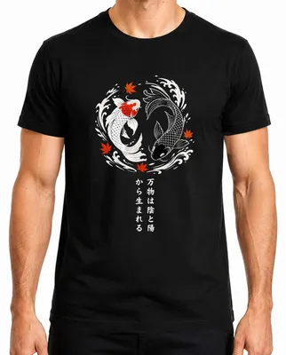 Imagen del producto de Camiseta para hombre, diseño de carpa koi, símbolo yin yang, estilo japonés zen, temática asiática, motivo de armonía, color , talla S