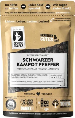 Produktbild von Schwarzer Kampot Pfeffer, ganz, exotisch-scharfer Pfeffer mit herrlichen Aromen für die Mühle, 50g