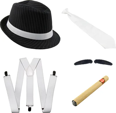 Produktbild von Gangster Kostüm Set mit Hosenträger - Hut - Zigarre - Krawatte - Bart