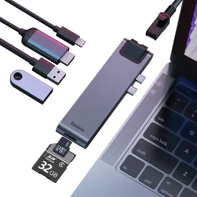 Produktbild von Baseus CAHUB-L0G, Thunderbolt 3, 67 W, Schwarz, Silber, MicroSD (TransFlash), SD, HDMI, RJ-45, Thunderbolt 3, USB 3.2 Gen 1 (3.1 Gen 1) Type-A, 1 Stück(e)