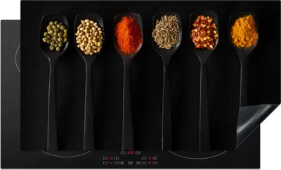 Produktbild von KitchenYeah© Herdabdeckplatte Löffel - Gewürze - Schwarz - Gewürze - Rustikal , 91x52cm, Küche Deko, Glaskeramikkochfeld Herdabdeckung, Abdeckplatte fùr Kochfeld