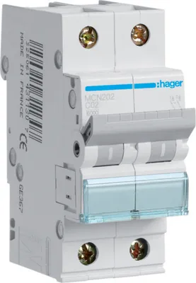 Zdjęcie produktu dla Hager MCN202. Liczba biegunów: 2P. Częstotliwość wejściowa AC: 50/60 Hz, Znamionowy prąd wyjściowy: 2 A. Szerokość: 35 mm, Głębokość: 70 mm, Wysokość: 83 mm (MCN202)