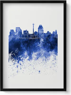 Produktbild von Panorama von San Antonio Aquarell– Wandbild mit Rahmen – Gerahmtes Bild  – Wanddekoration – 50x70 cm –  Schwarz Rahmen