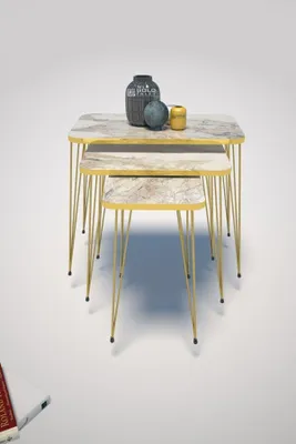 Produktbild von Satztisch 'Marovelle' 3er Set Metallgestell rechteckig Marmoroptik, weiß/Goldfarben