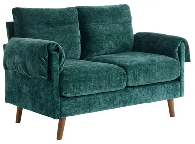 Imagen del producto de Sofá de dos plazas compacto, tapizado en suave tela de chenilla color verde esmeralda, dimensiones: 124x70x85 cm