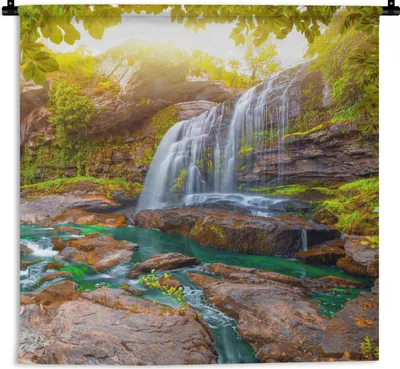 Produktbild von MuchoWow® Wandteppich Wandbehang Natur - Wasserfall - Pflanzen - Bäume - Sonne 150x150 cm Tapisserie Dekoration Wandtuch - Wohnaccessoires - Modernes